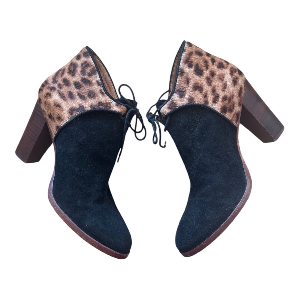 Madewell et SEZANE Suede Leopard Calf Hair Stacked-Heel Ankle Booties Size 7